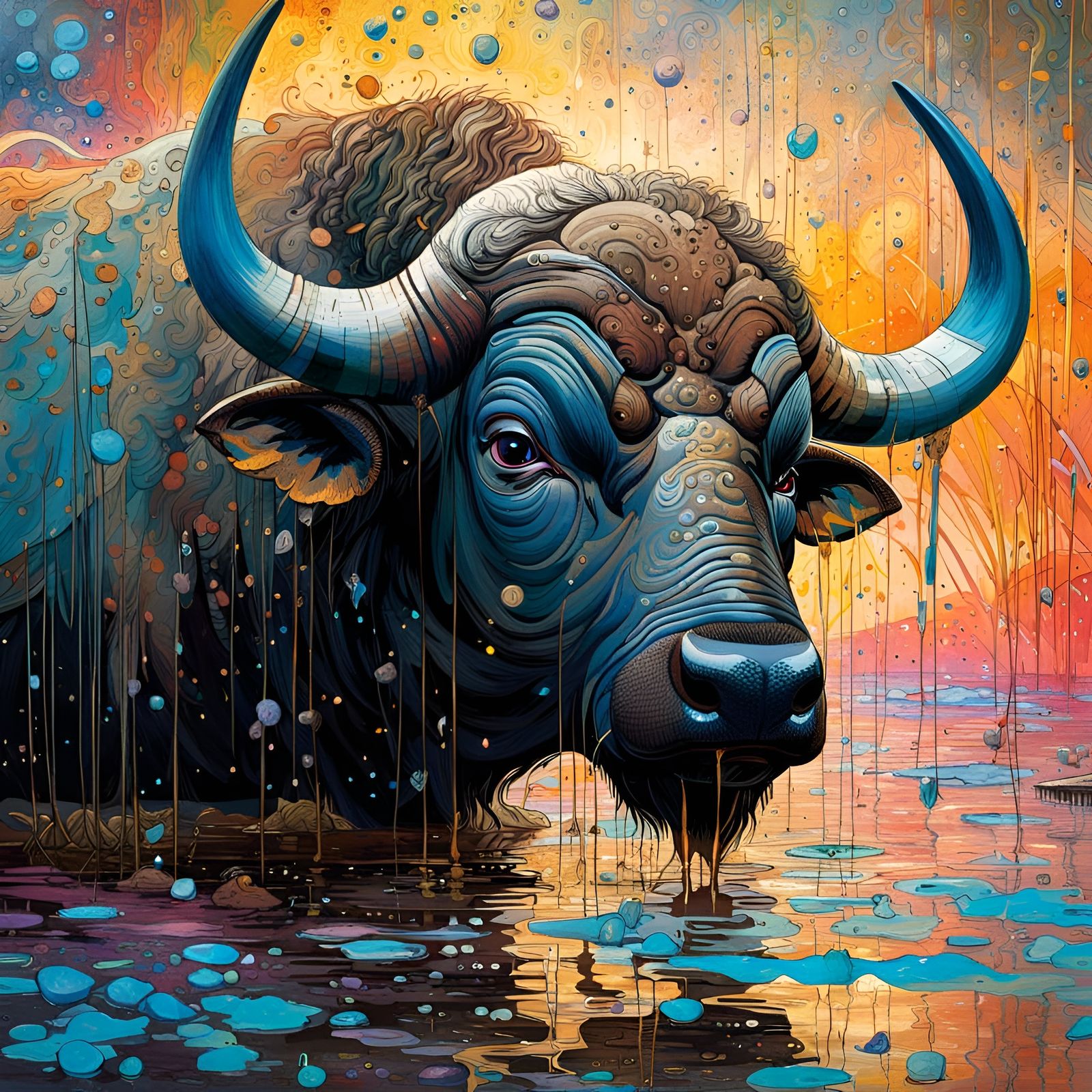 Cape Buffalo Enjoys a Mud Bath: Maximalist Painting
