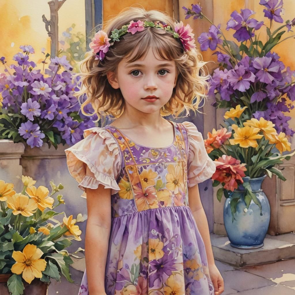 Child in Flower Shop, Watercolor Alphonse Mucha Style