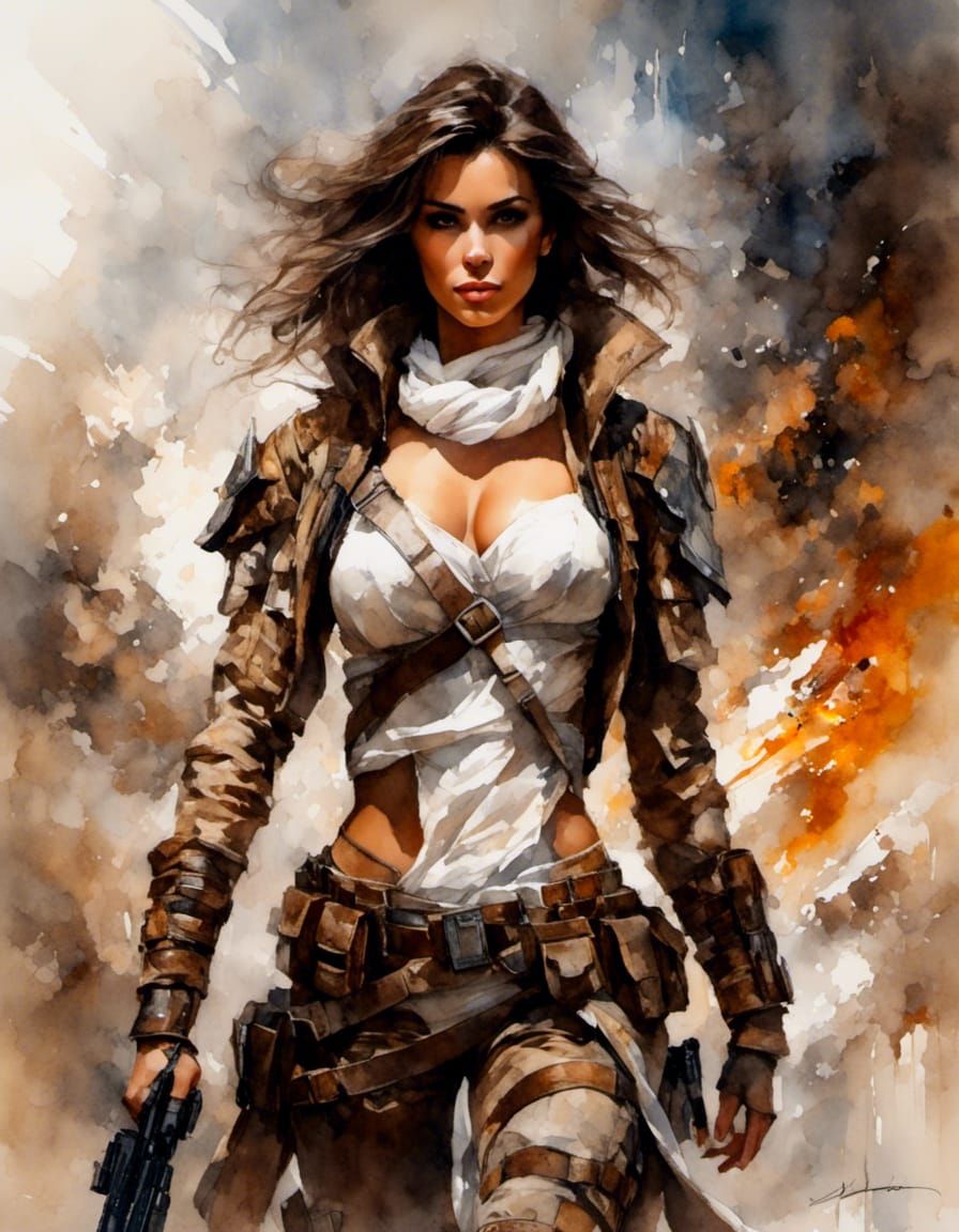 Brunette Fighter in Apocalyptic Sci-Fi Landscape