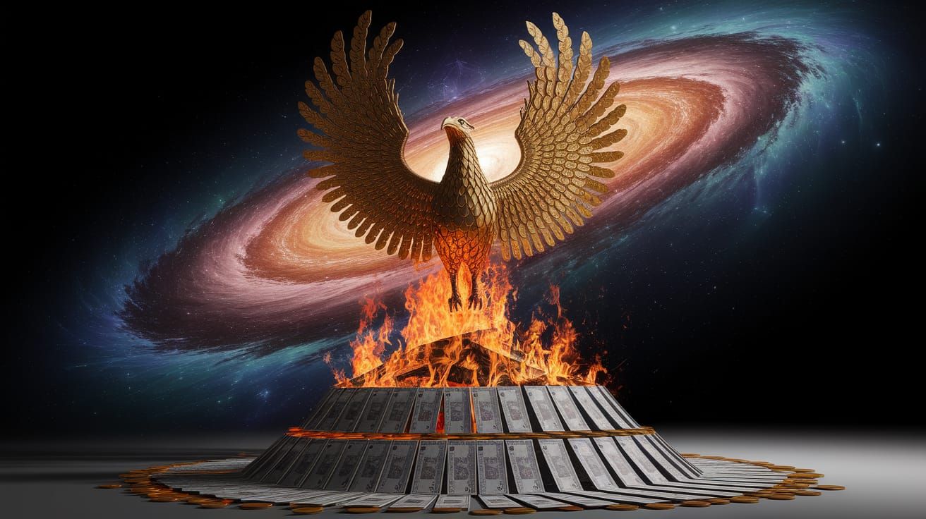 Phoenix of Gold Coins Rises from Burning Banknotes