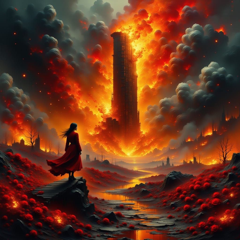 Fiery Rose Garden at Night with Smoke and Fog