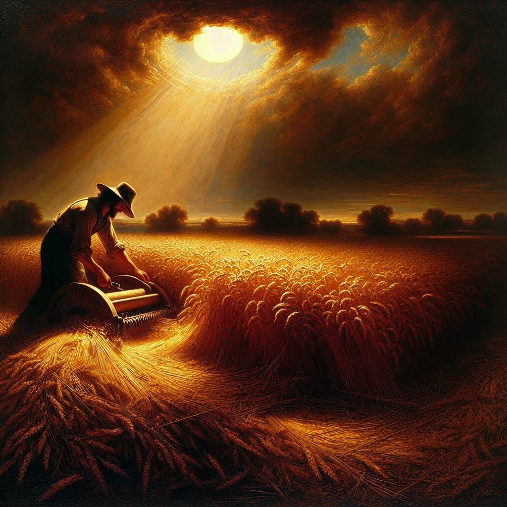 Diligent Farmworker Amidst Golden Wheat Field in a Masterful...