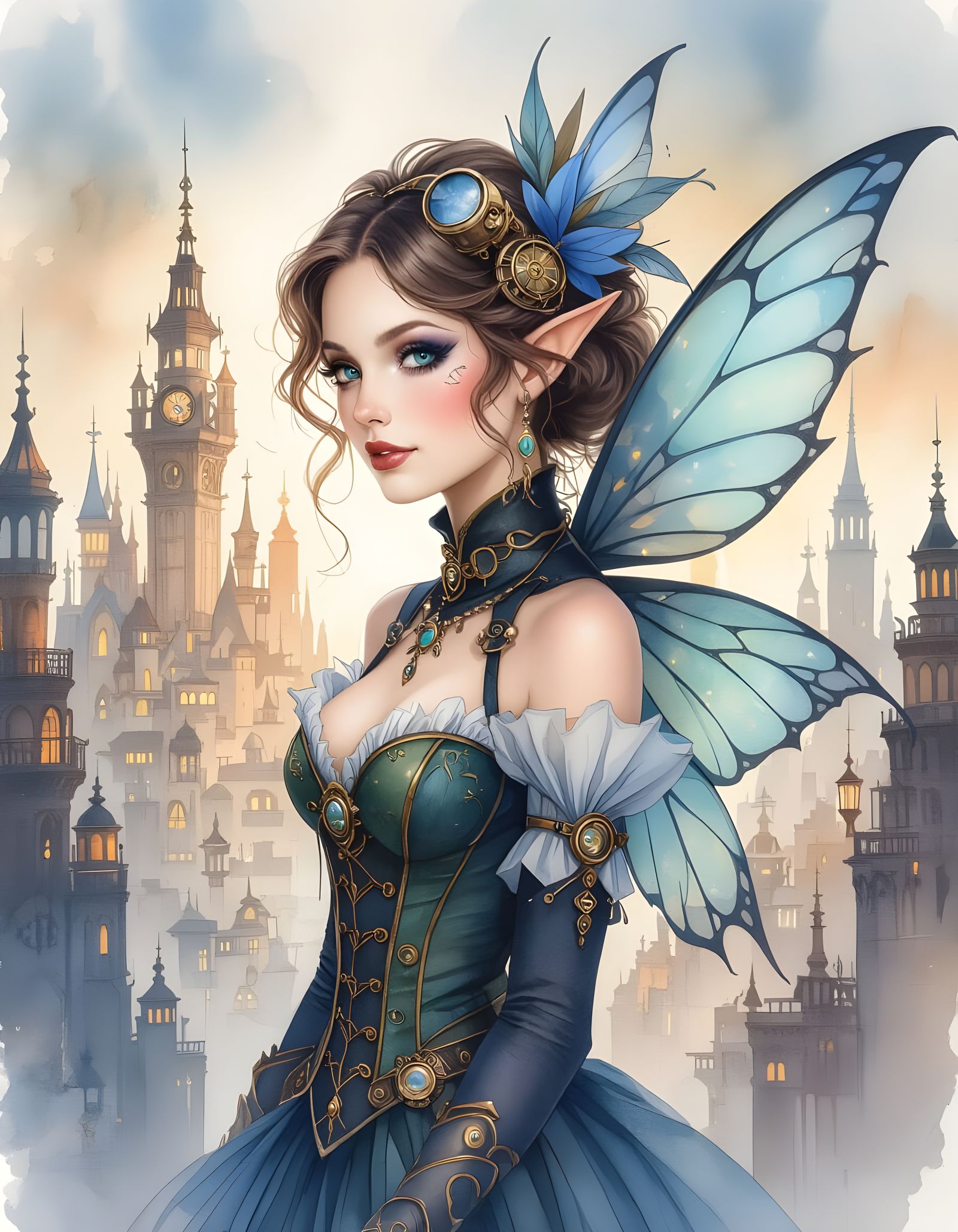 Steampunk Fairy Portrait in Watercolor Style