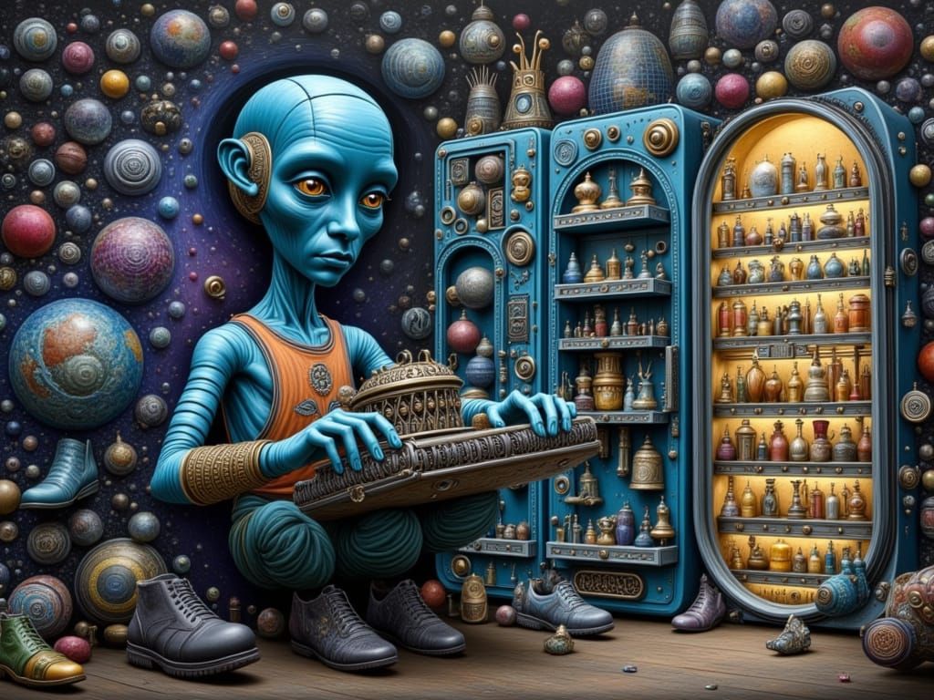 Alien Riding Typewriter Orbiting Fridge in Galactic Shoe Sho...