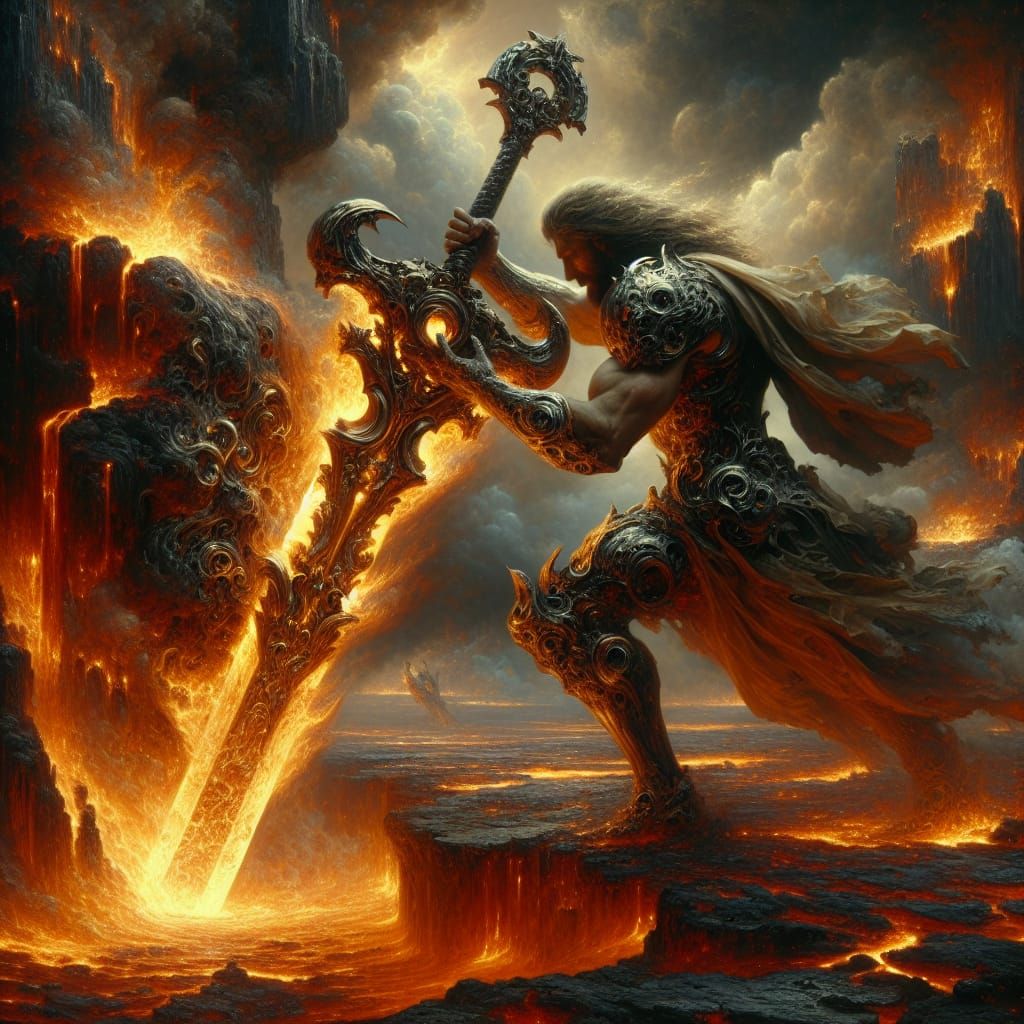 Surrealist Warrior Emerges from Lava Flames