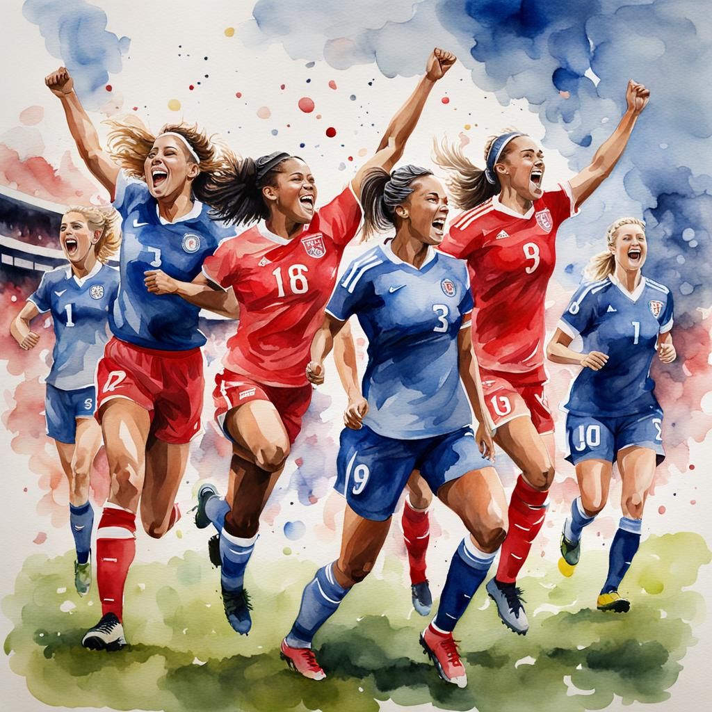 Watercolour Painting of Female Football Team Celebrating