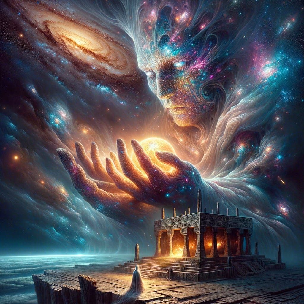 Ethereal Cosmic Guardian Cradles Dying Star Amidst Ancient A...