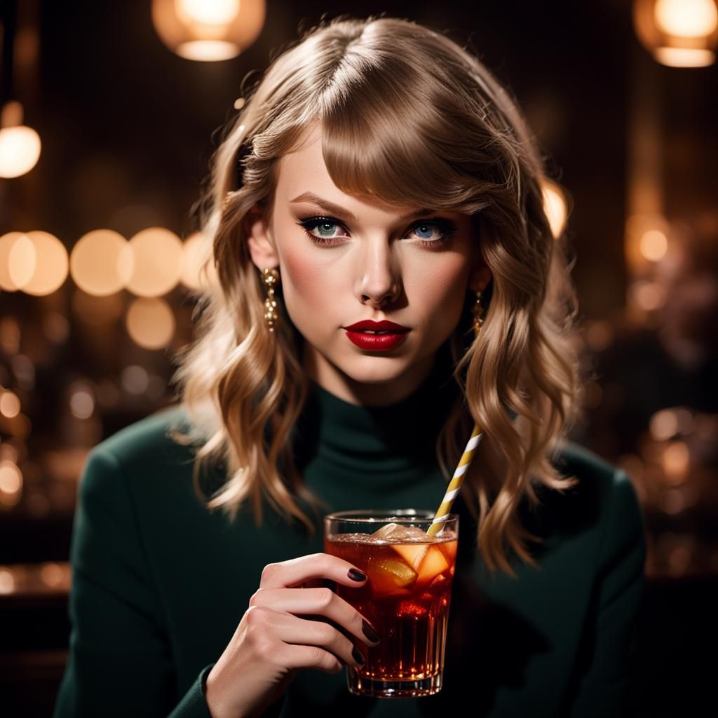 Taylor Swift Portrait with Drink in Hyperrealistic Style
