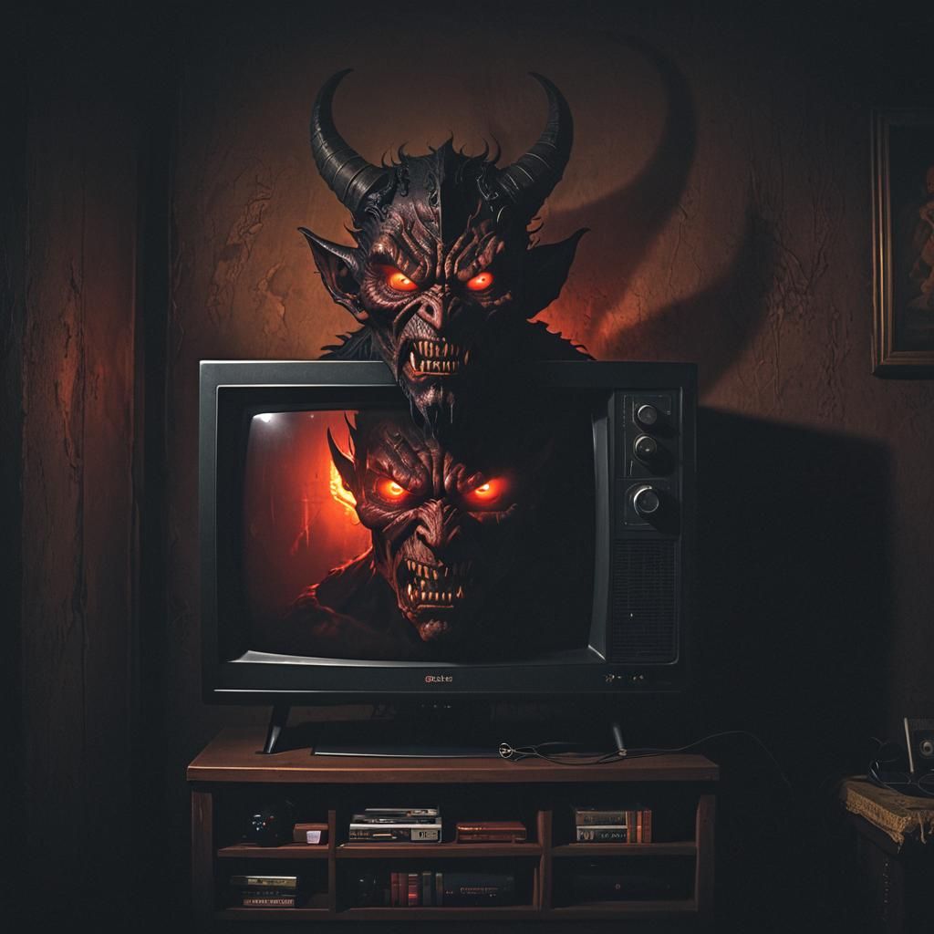 Ominous Demon Lurks Behind TV in Dark Fantasy Art