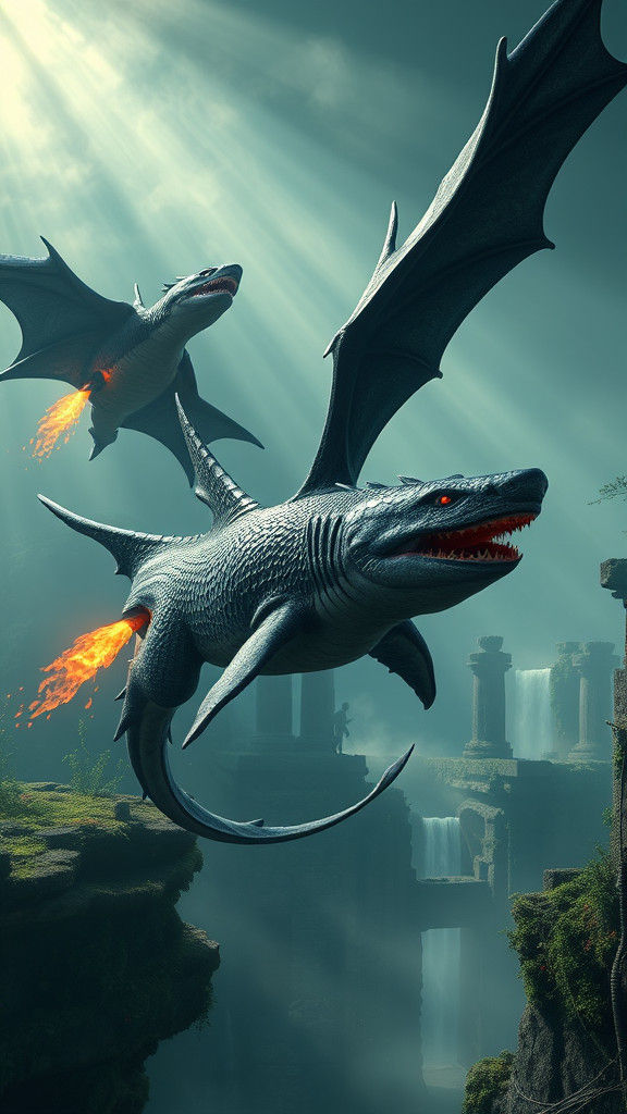 Shark Dragons Soaring in a Cinematic Landscape