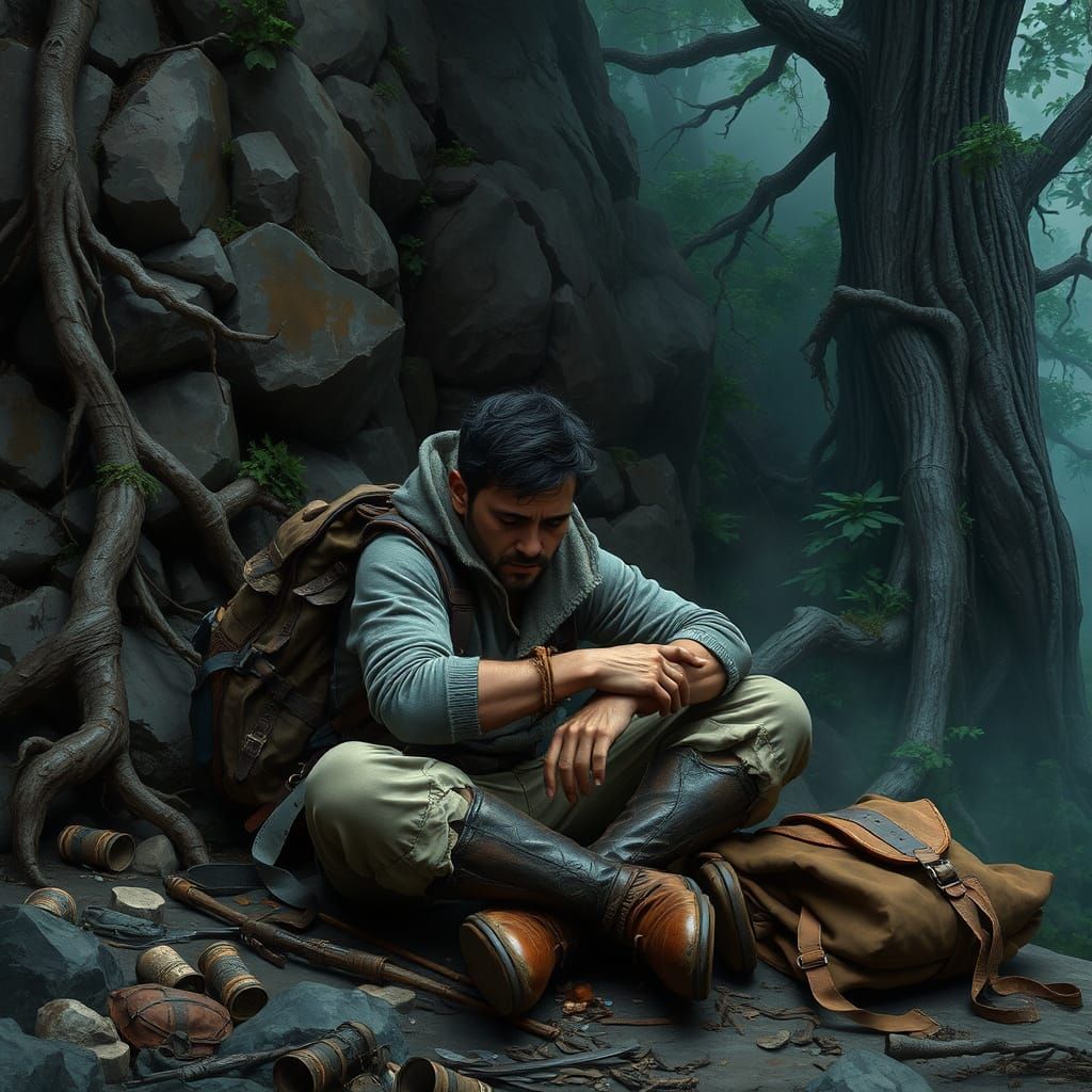 Weary Adventurer at the Foot of a Rocky Hillside