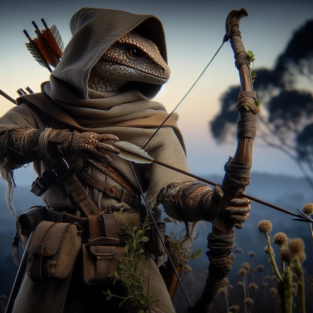 Hyperrealistic Lizardfolk Ranger Hunter Readying Bow
