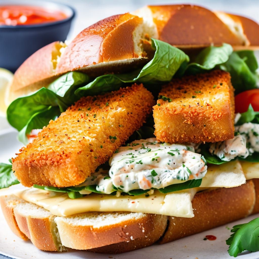 Gorgeous Close-Up of Fish Finger Sandwich with Tomato Sauce