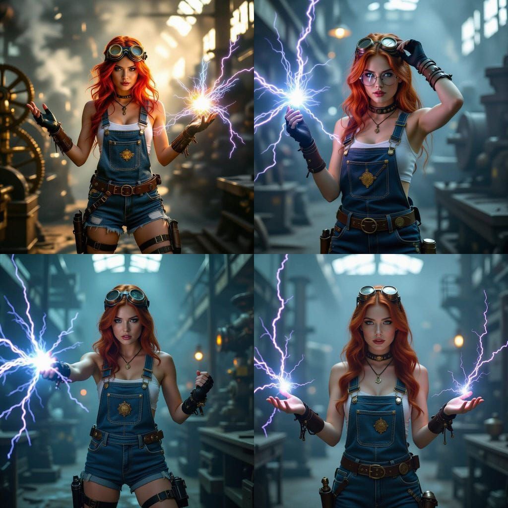 Steampunk Redhead Woman Casts Lightning Spell in Misty Facto...
