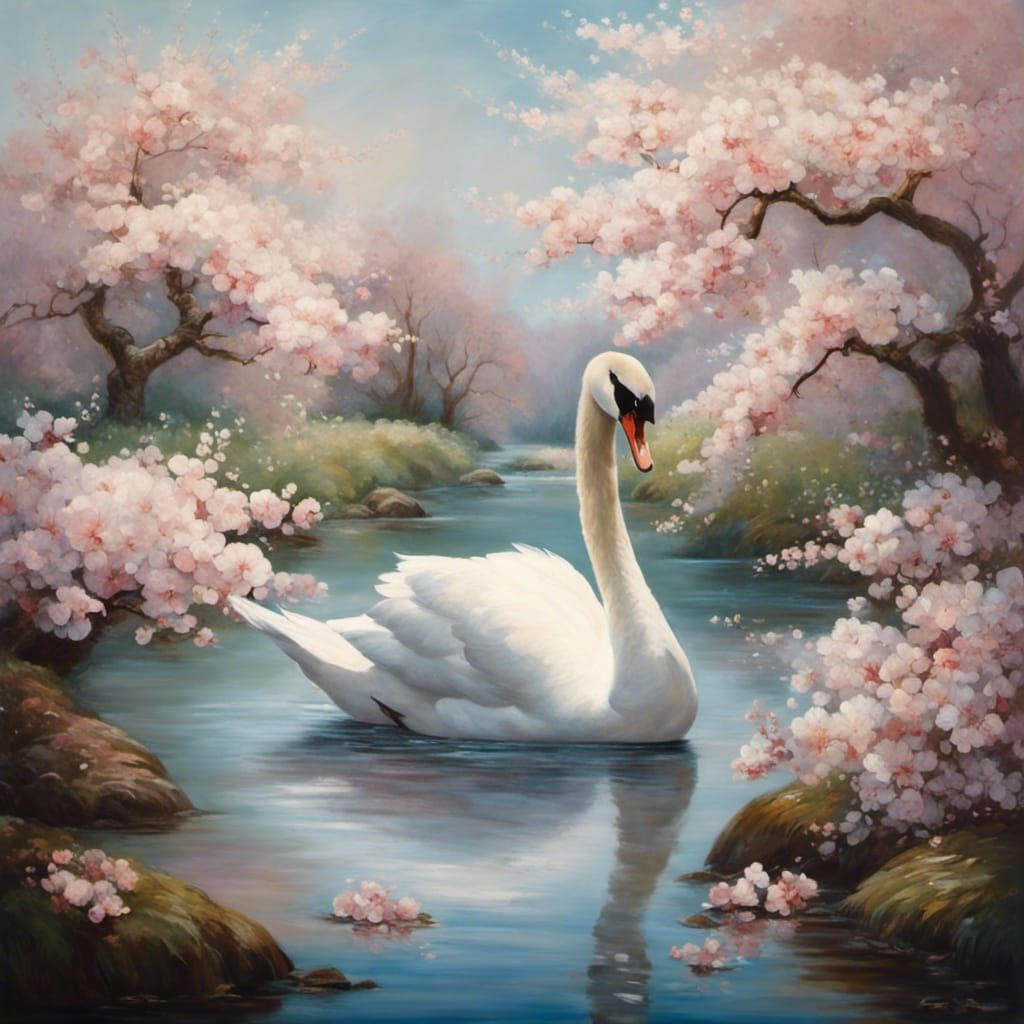 Ethereal Swan on Cherry Tree in Ukiyo-e Style