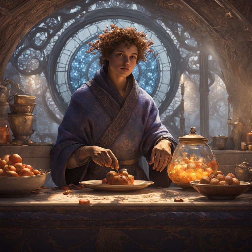 Celestial Chef Creates Stardust Dishes, Oil Painting