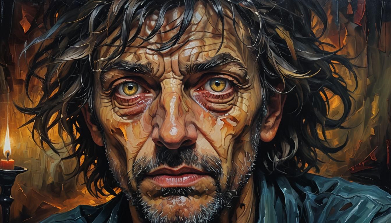 Surreal Man Waking Up in Dimly Lit Room