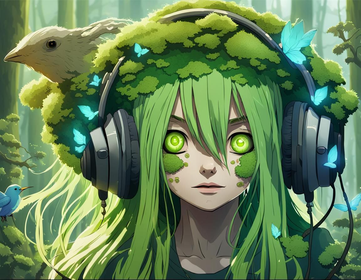 Anime Dryad Girl with Mushroom Headphones