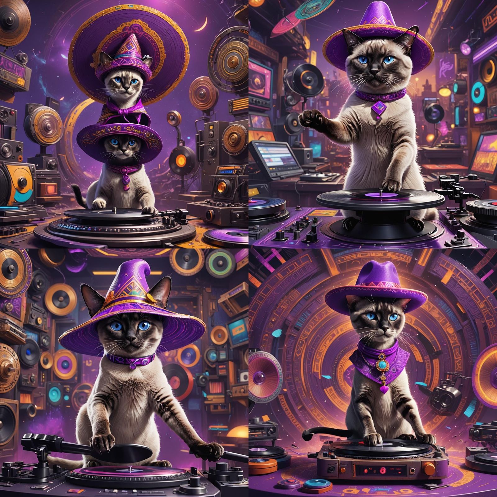 Siamese Cat DJ with Sombrero, Detailed Matte Painting