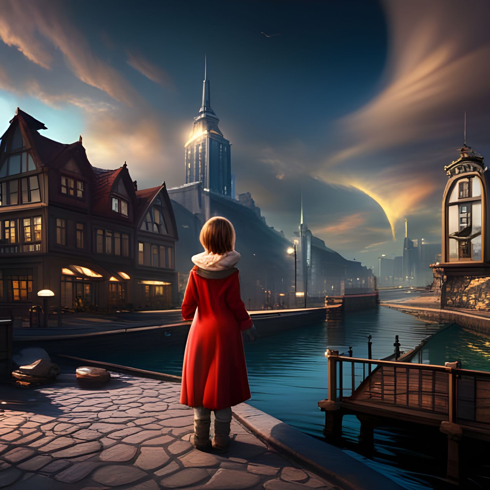 Cute Girl in Big Town: Fantasy Concept Art