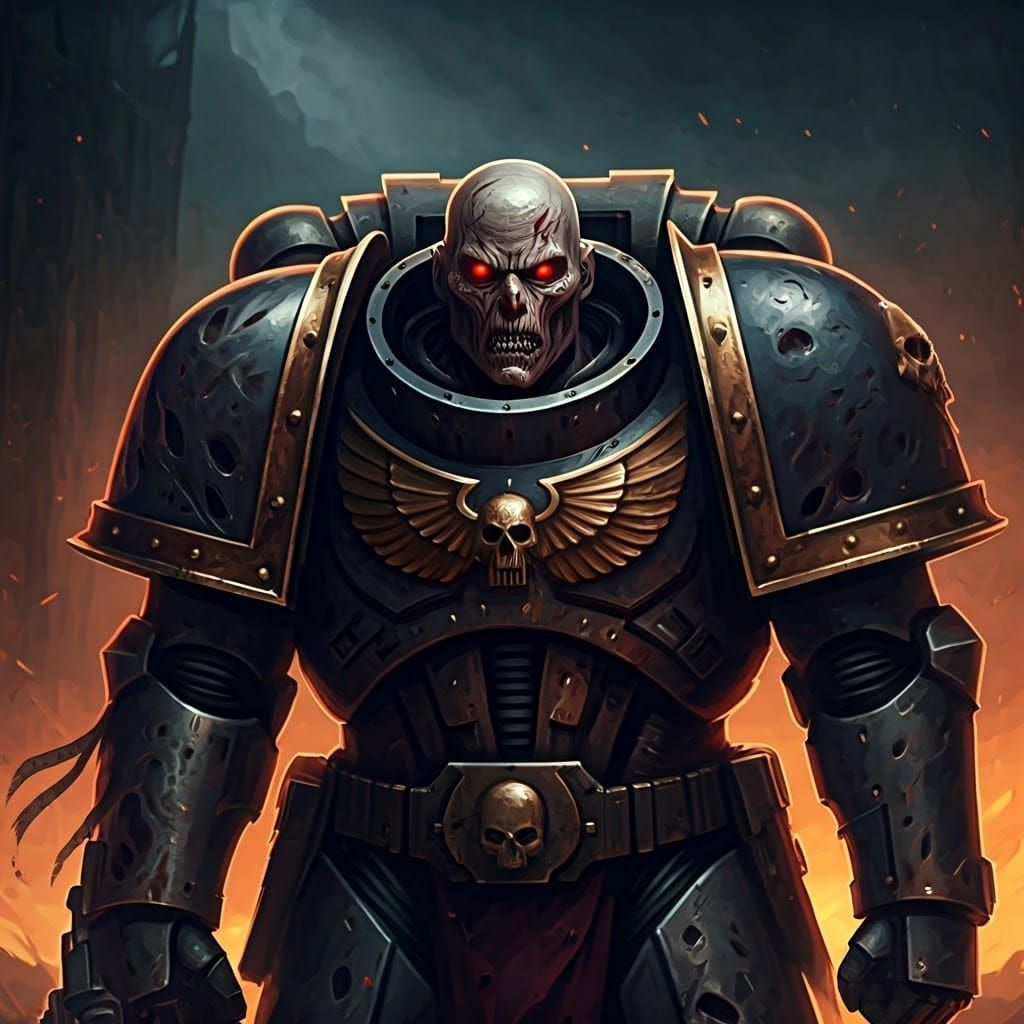 Battle-Scarred Space Warrior in Apocalyptic Warhammer Scene