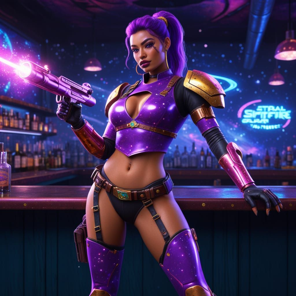 Cyberpunk Space Cowgirl Heroine in Cosmic Bar