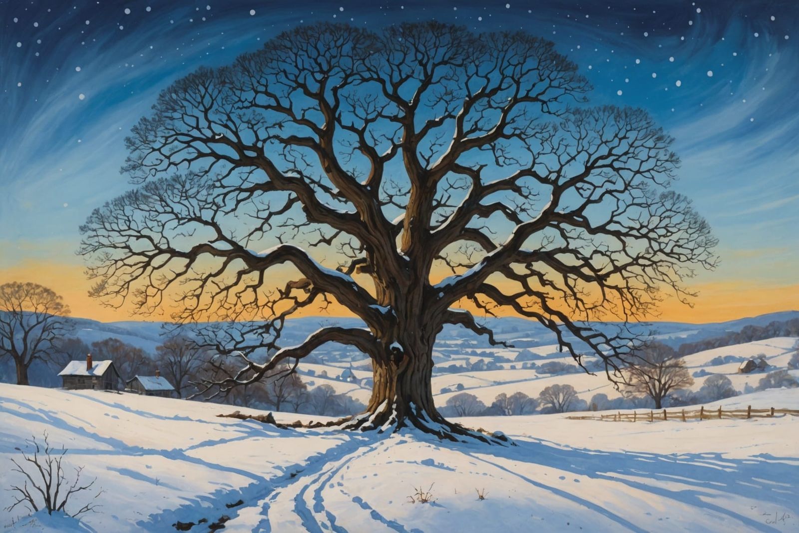 Snowy Oak Tree in Starry Landscape, Photorealistic Style