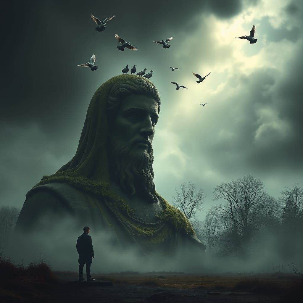 Ethereal Figure Contemplates Ancient, Overgrown Statue in St...