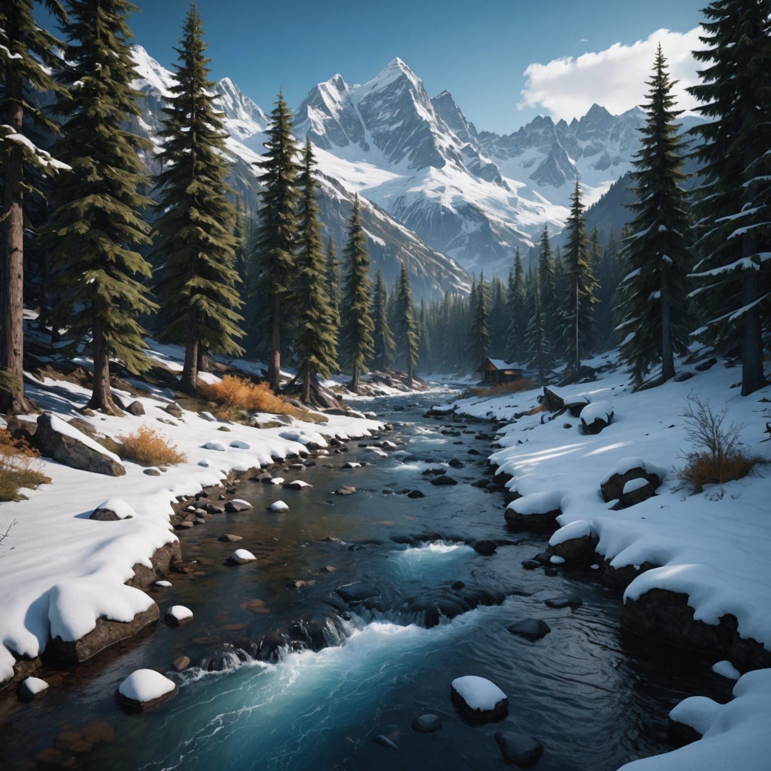 Icy Mountain Stream in Winter Landscape
