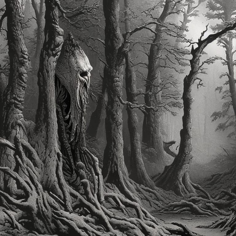 Bloody Monster in Dark Forest: Horror Illustration
