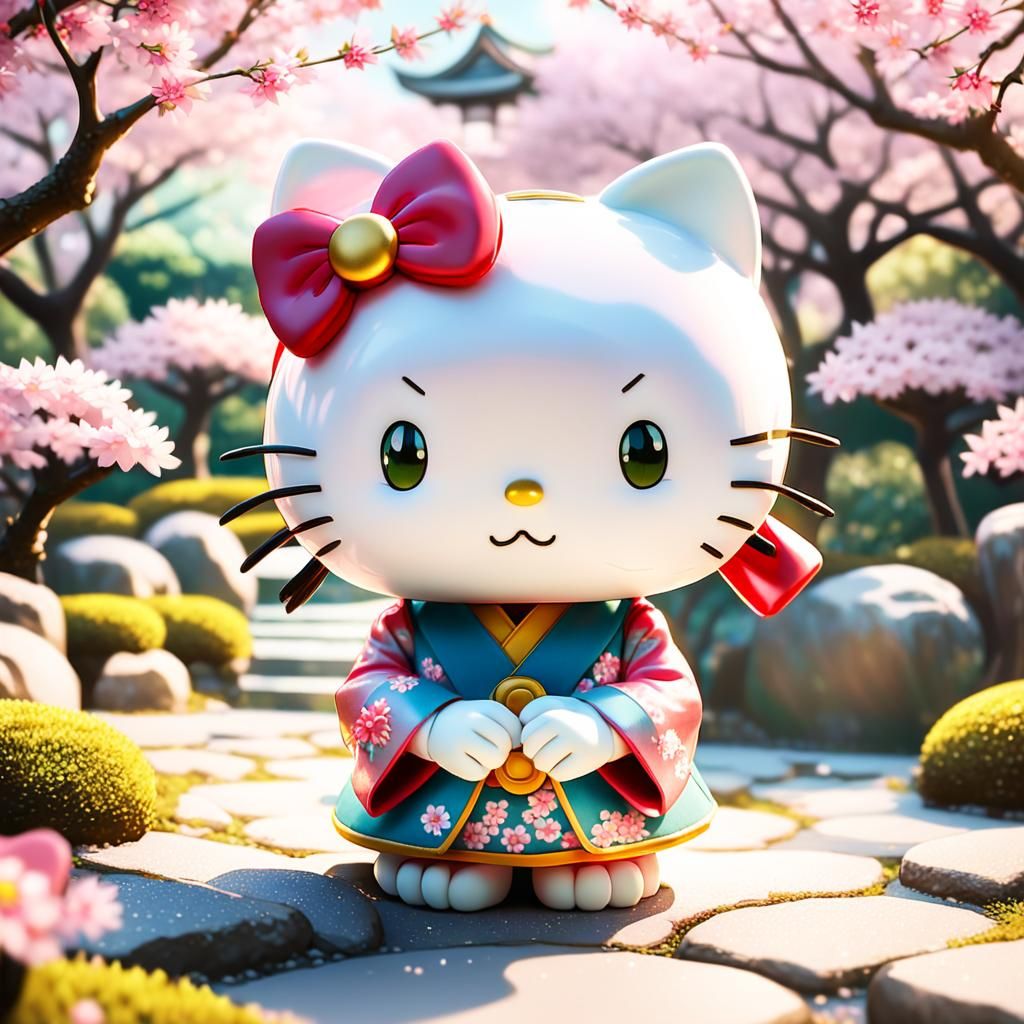 Hello Kitty Bowing in Japanese Garden: Anime Style