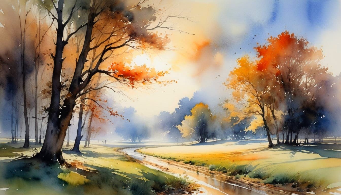 Whimsical Autumn Scene with Swirling Winds and Golden Light