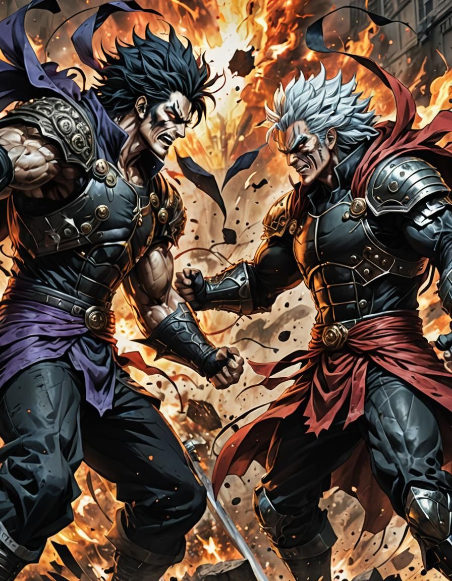 Epic Anime Villain Battle in Grunge Art Style