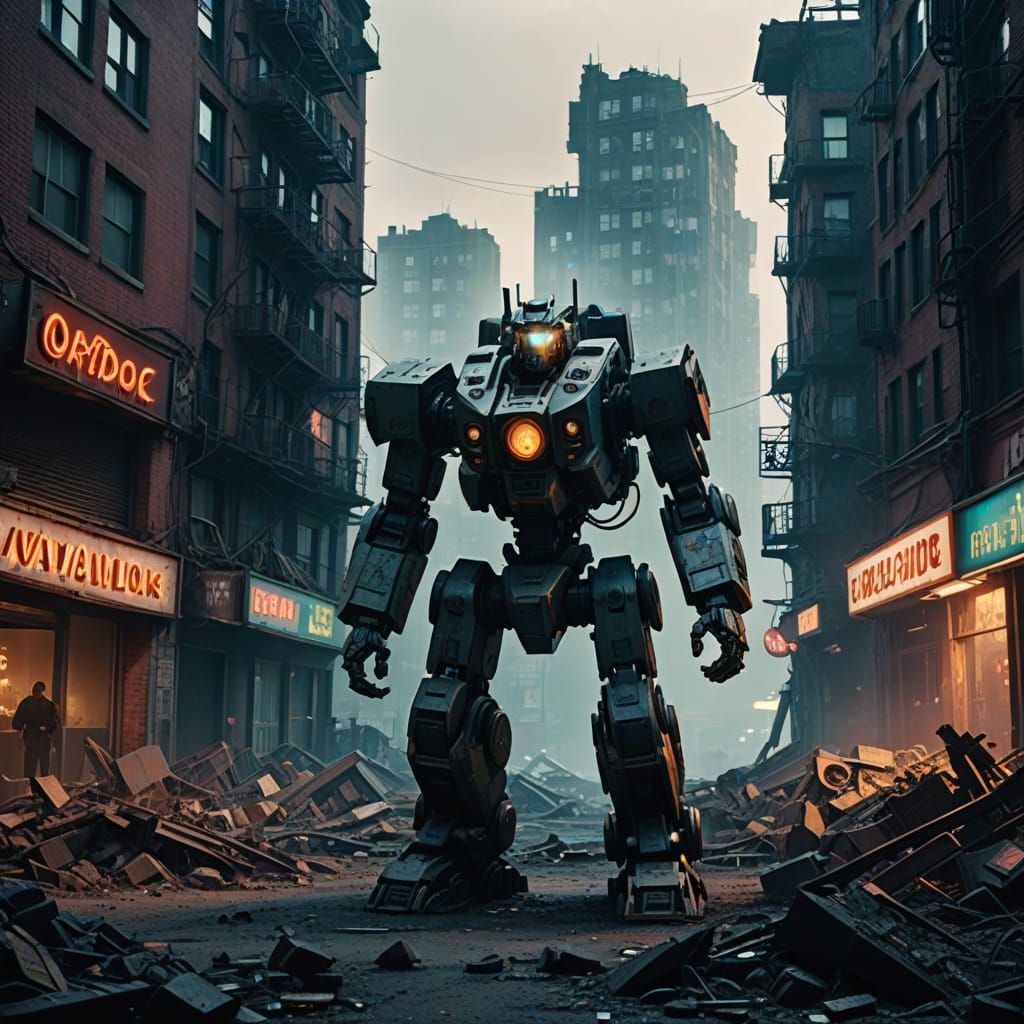 Cyberpunk Canadian Mech Dominates Post-Tariff War Ruins