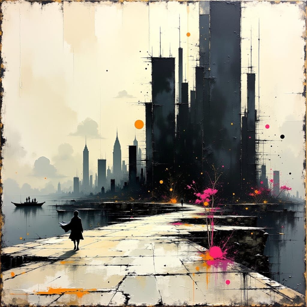 Neon Cityscape in Impasto Oil Painting Style