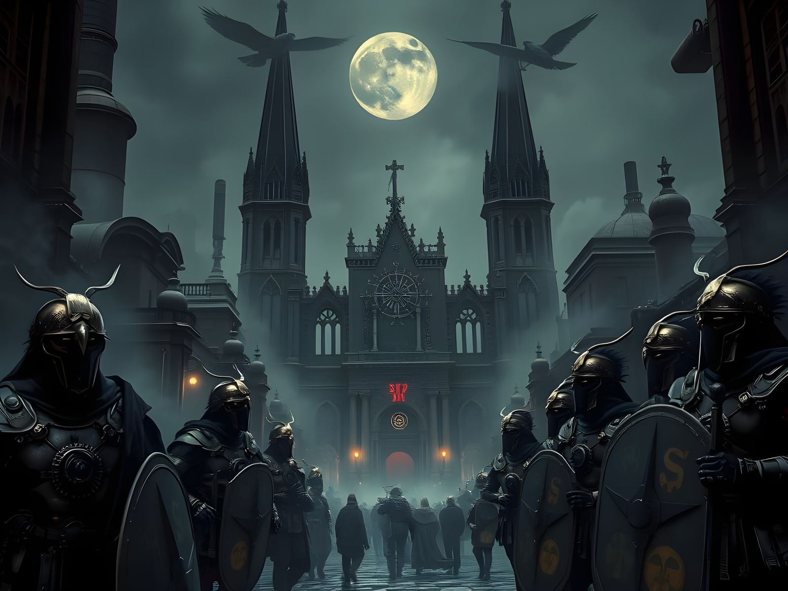 Dieselpunk Gothic Cityscape with Cast-Iron Cathedrals and St...