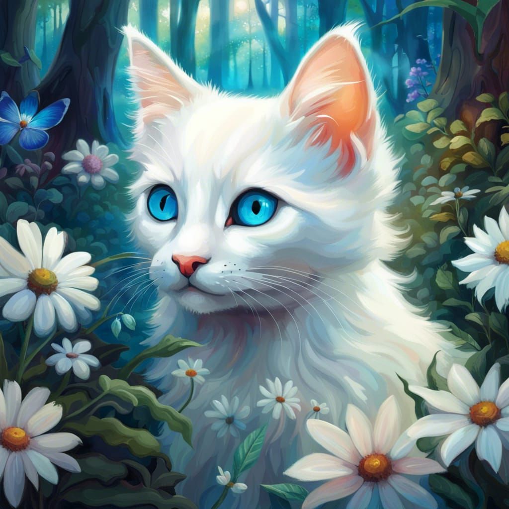Blue-Eyed Kitten in Wildflower Forest, Digital Painting