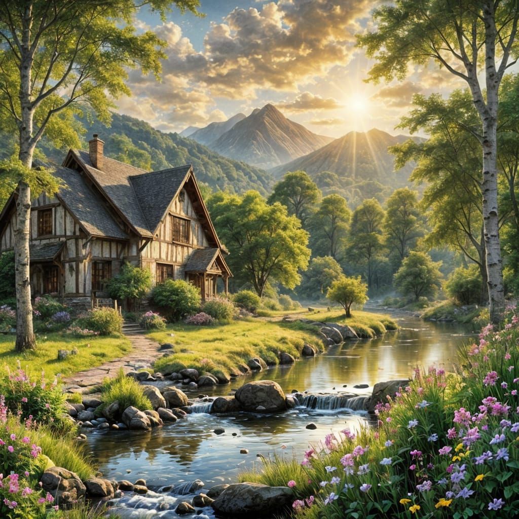 Fairytale House by Stream, Detailed Oil Painting