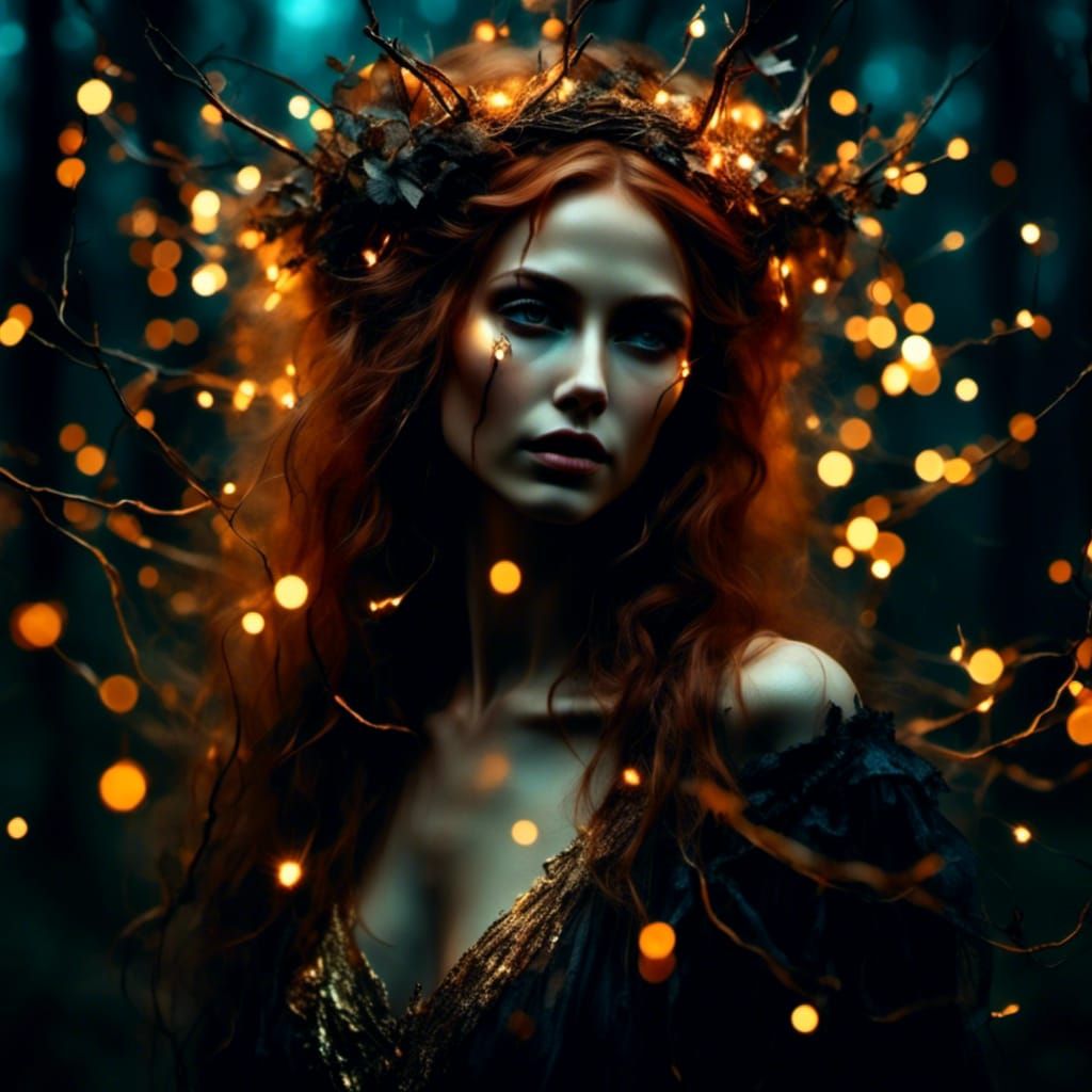 Pagan Witch Casting Magic Circle in Forest