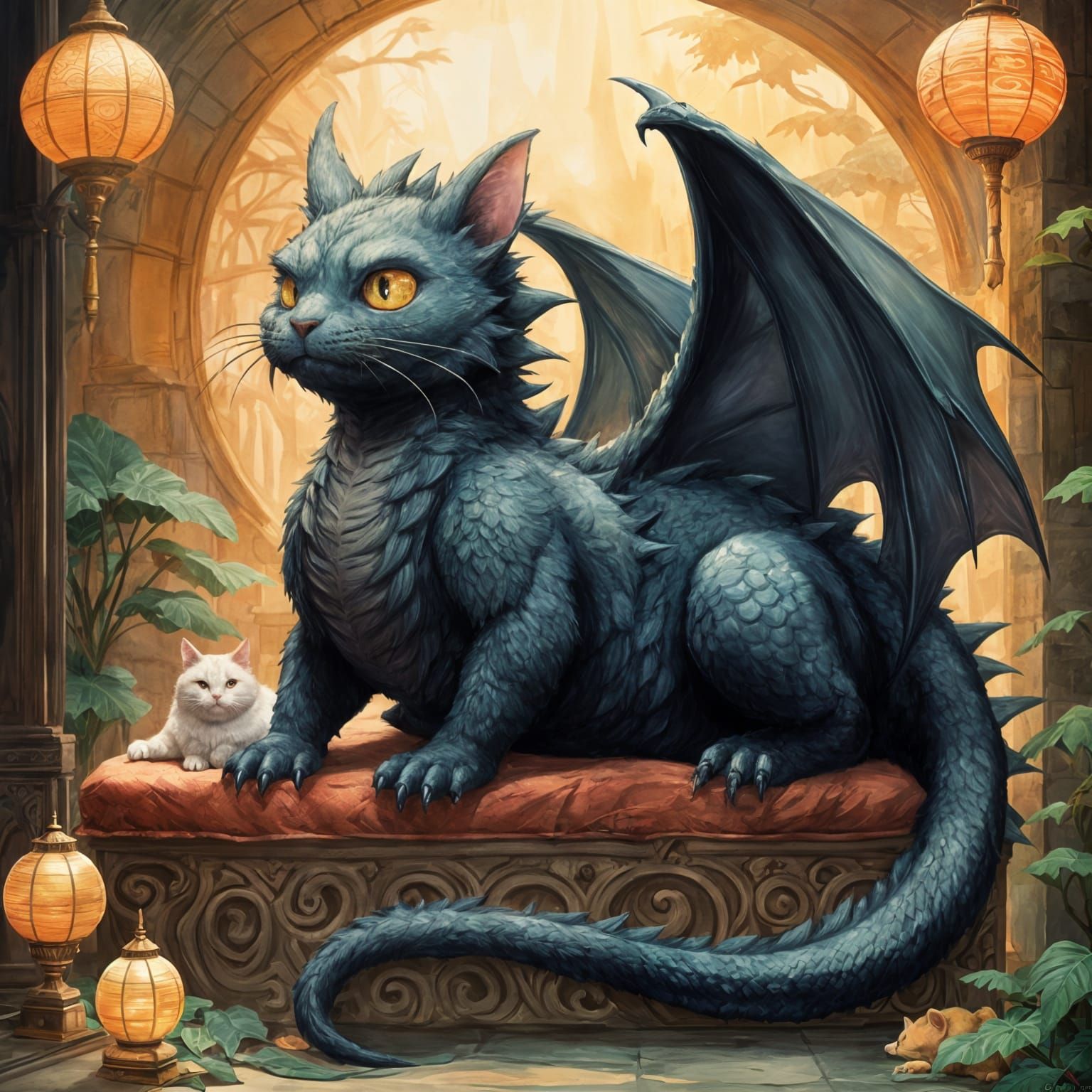 Surreal Egyptian Dragon Relaxing on Royal Pillow