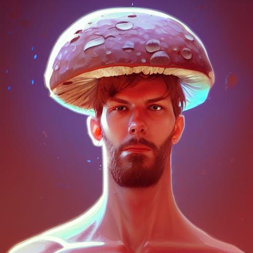 Hyperrealistic Mushroom God Portrait in Triadic Colors