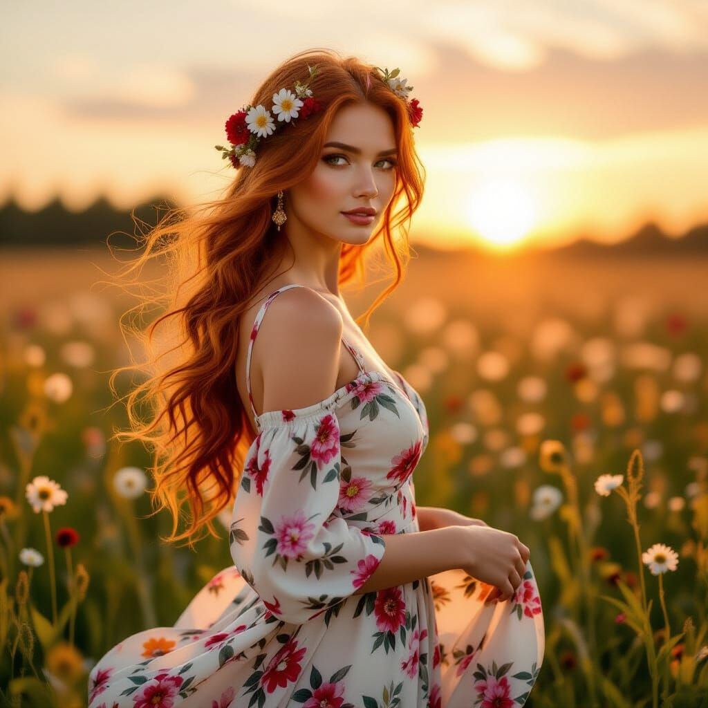 Red-Haired Woman in Wildflower Field, Dreamy Impressionism