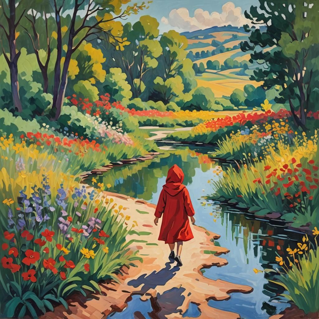 Red Hood Girl in Fauvist Landscape Painting