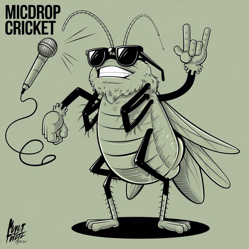 MicDrop Cricket Character in Bold Cartoon Style