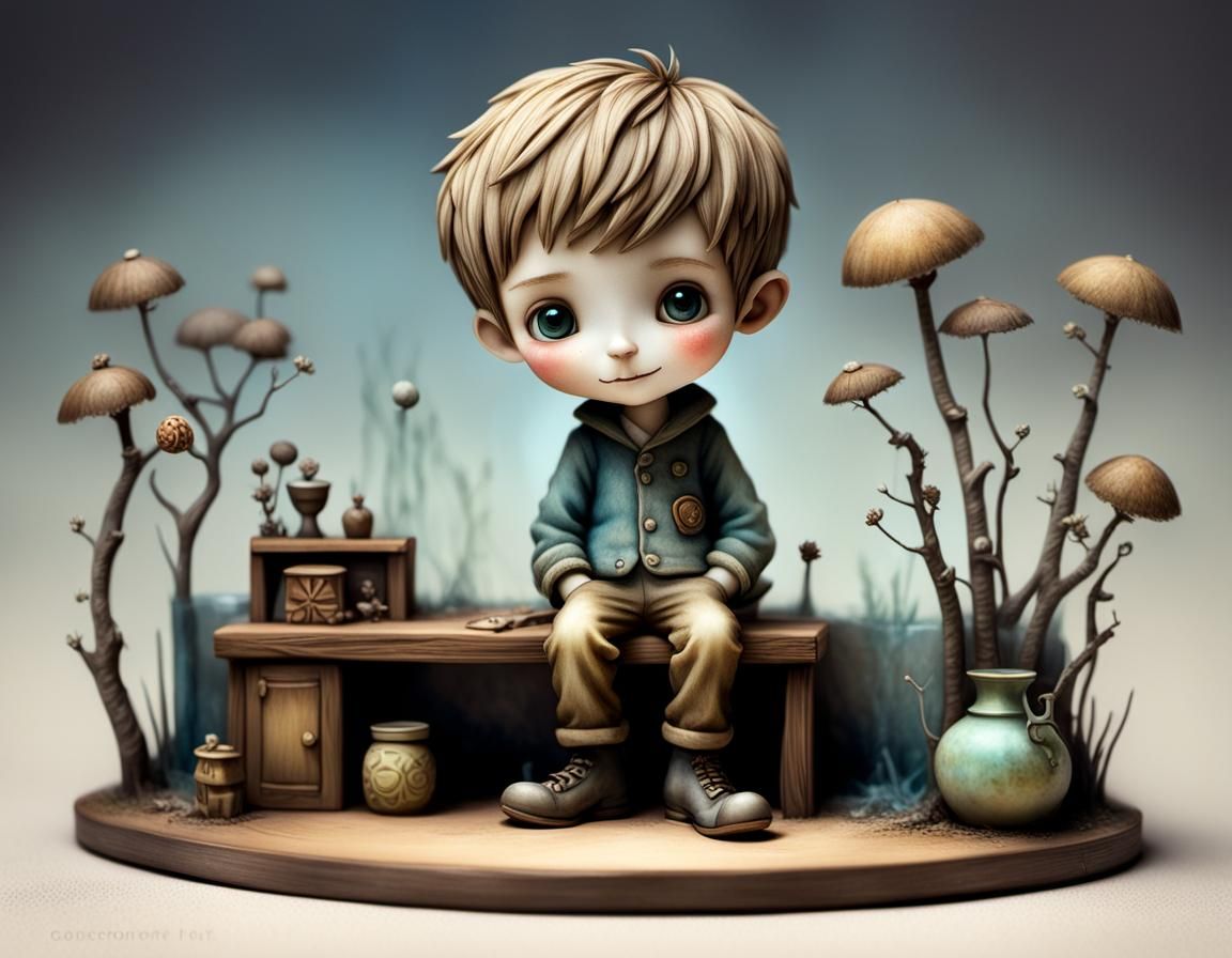 Cheerful Boy Figurine Drawing: Surrealist Alcohol Ink Art