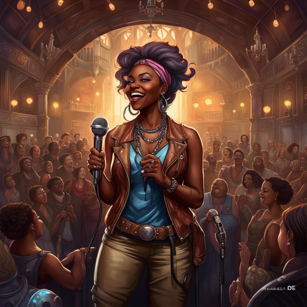 Biopunk Woman Comedian on Stage Fantasy Art