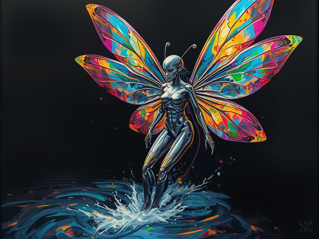 Cyborg Fairy Emerging: Graffiti and Splash Art Fusion