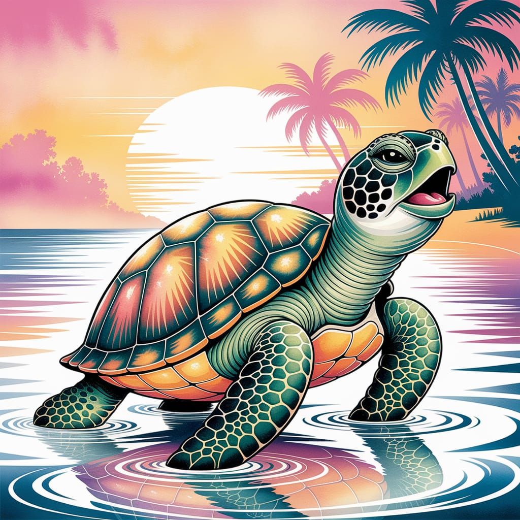 Watercolor Turtle Singing Under a Golden Sunset