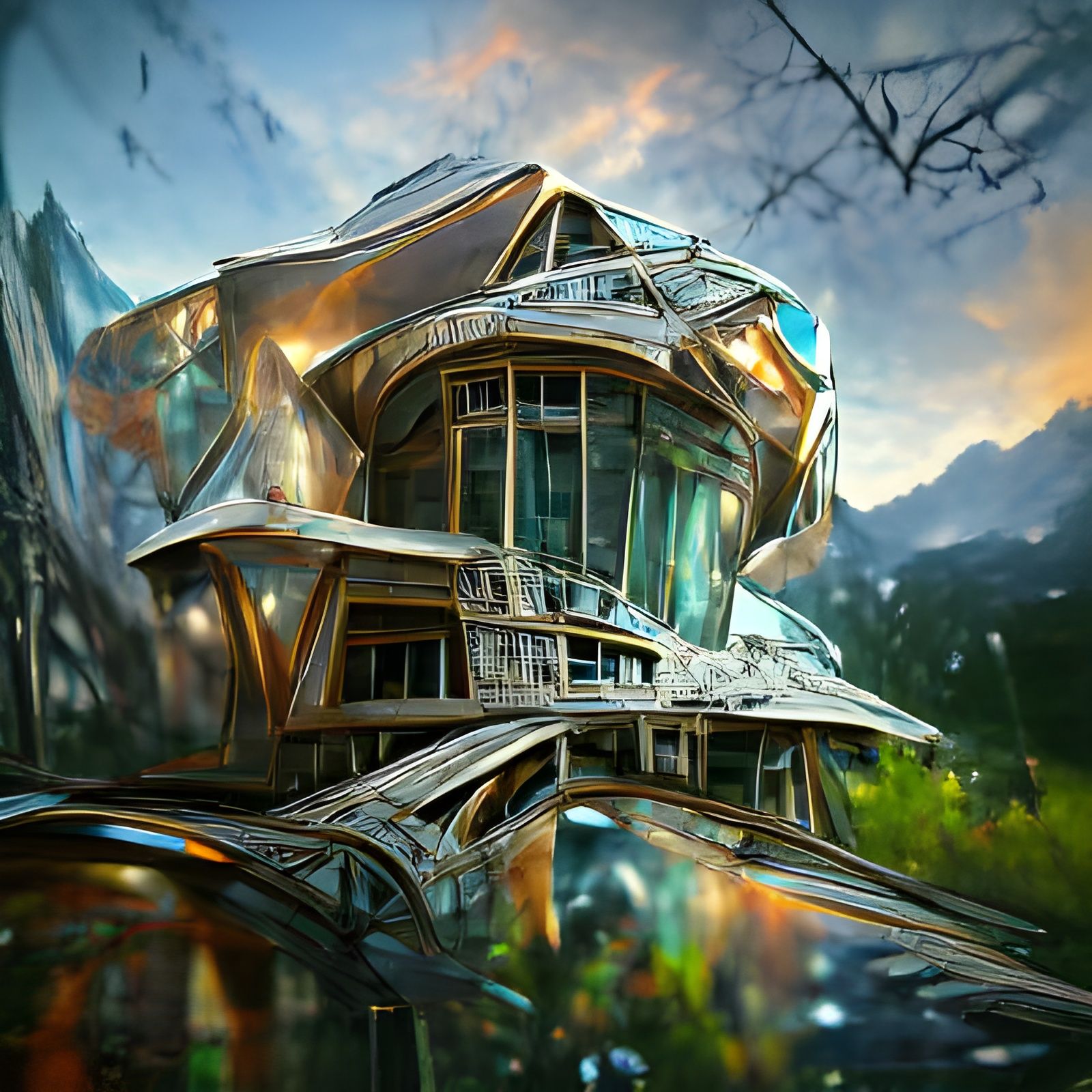 Futuristic Train Station Facade in Art Nouveau Style