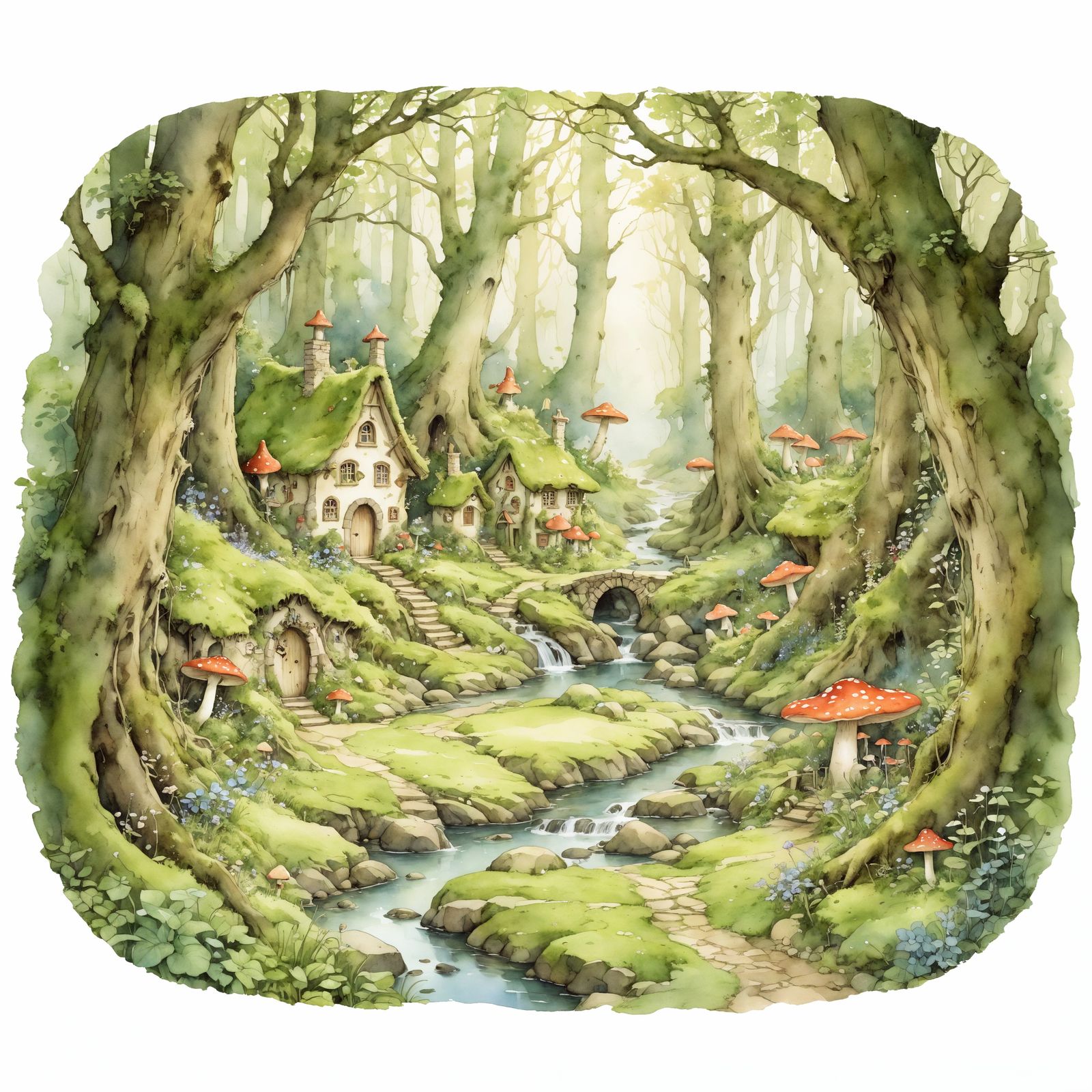 Enchanted Forest Village in Watercolor Style